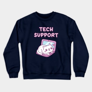 Cute White Cat Resting On Laptop Tech Support Funny Crewneck Sweatshirt